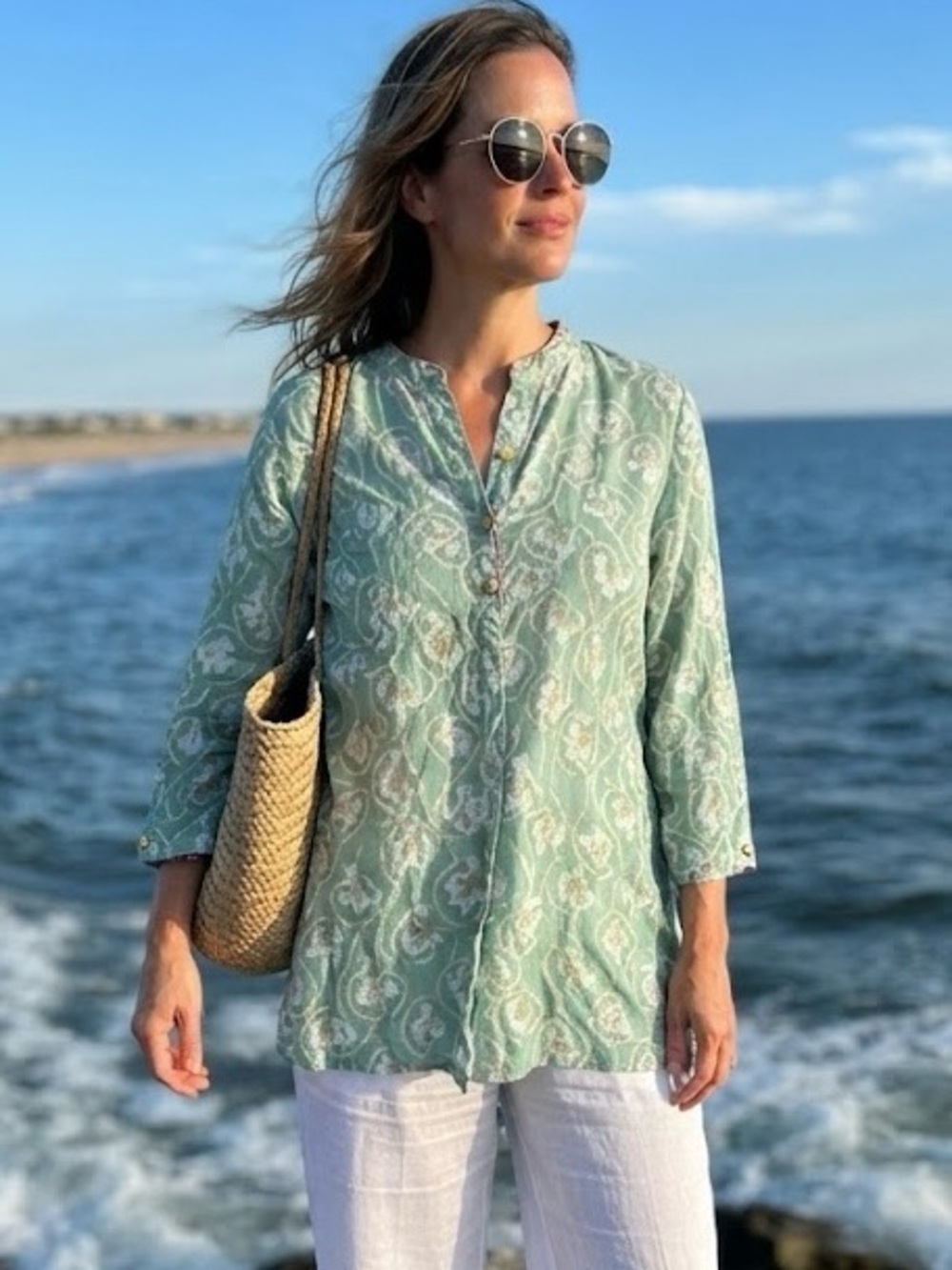 Roberta Roller Rabbit Green Floral Tunic Paisley Pint Green Gold Detail Luxury